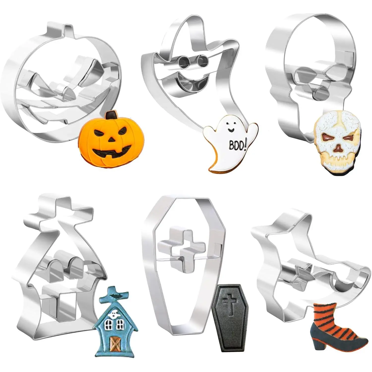 6-Piece Stainless Steel Halloween Cookie Cutters Bakeware Utensils - Pumpkin, Skull, Ghost, Haunted House, Boots, Coffin Shapes for Halloween Party Decorations, Smooth