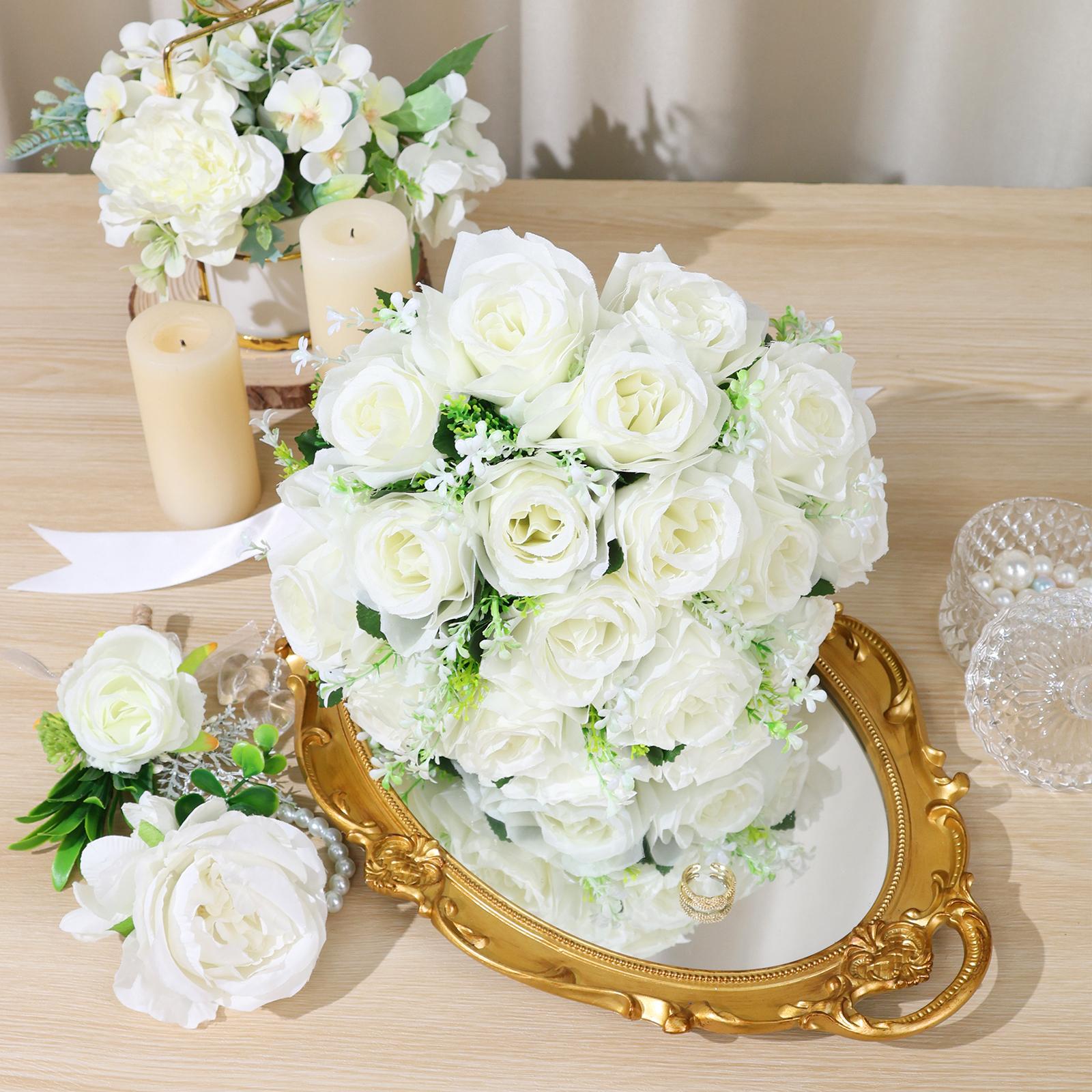 Wedding Bouquets for Bride Bridesmaid，White Champagne Roses Flowers for Bride Bridesmaid，for Home Wedding Party Ornaments Lifelike Fake Plant Fruit， Church Decoration, Ceremony, Anniversary