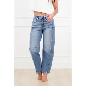 Restock! Risen The Hollis Rise Medium Wash Boyfriend Cuffed Barrel Jeans