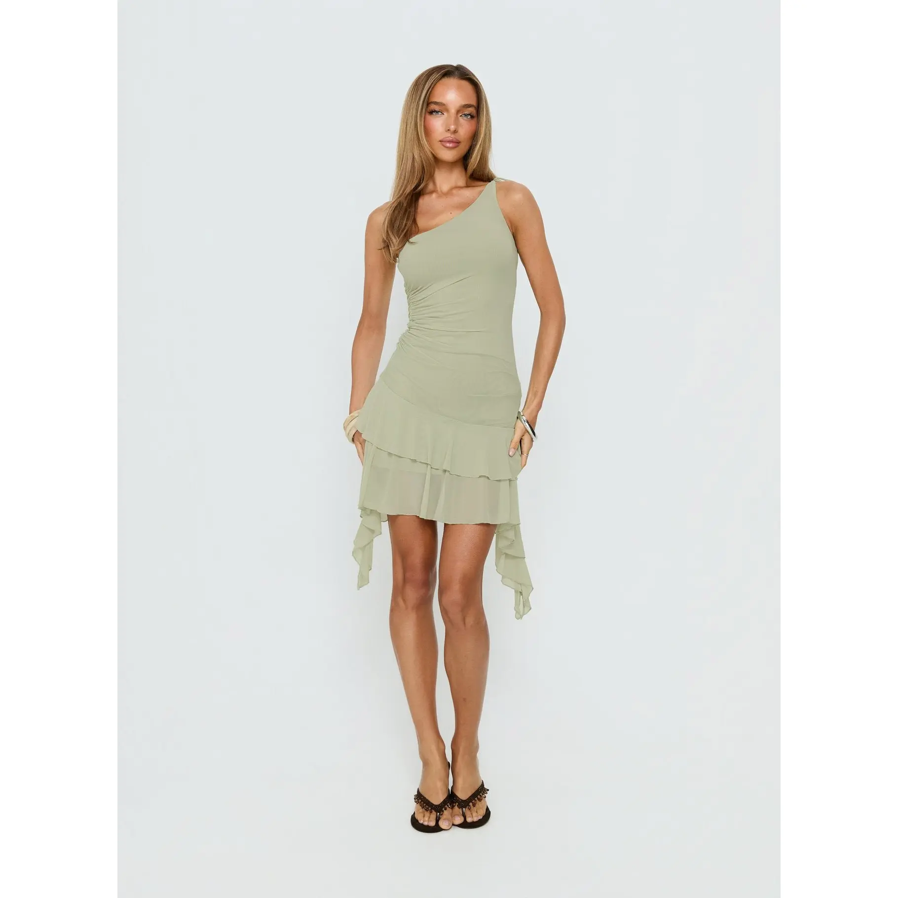 Family Ties Ruched One Shoulder Mini Dress Green