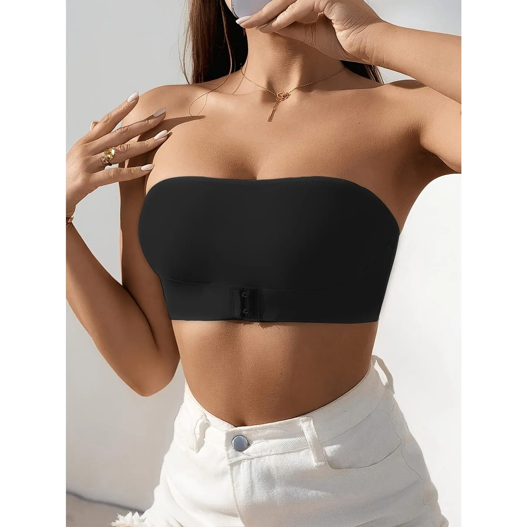 Women's 2-Pack Strapless Bandeau Bras, Wireless Seamless Push Up Lingerie with Front Closure, Invisible & Backless Smoothing Fit, Machine Washable for Outfits with Thigh High Socks, Solid Plain, Basic