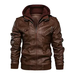 Men's Detachable Hooded Biker Motorcycle Leather Jacket