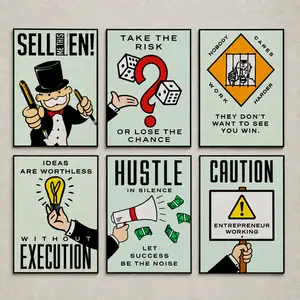 Monopoly Motivational Poster Wall Art Classic Cartoon Graffiti Canvas Time is Money Poster Home Living Room Office Wall Picture Decor wall set Decoration Artistic, Trendy Wealth Themed Aesthetic Art Print, HD Printed Waterproof Canvas Art, High-Quality Fa