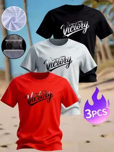 3-Piece Men's Cool Victory Cursive Graphic Tees | Inspirational Letter Print Quick Dry Breathable Shirts, Casual Streetwear Tops for Daily & Summer Wear