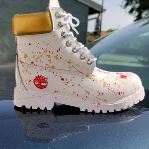 Gold Splatter Boots Waterproof Fashion Hightop White with Red & Yellow Splatter Design