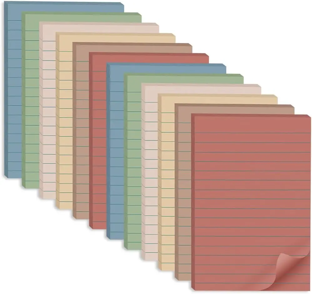(12 Pack) Ruled Lines 4x6 in Vintage Large Sticky Paper Pads, Super Sticking Recyclable Office Stationery, Easy to Write on, Postable on Windows & Doors for Students/Office Use