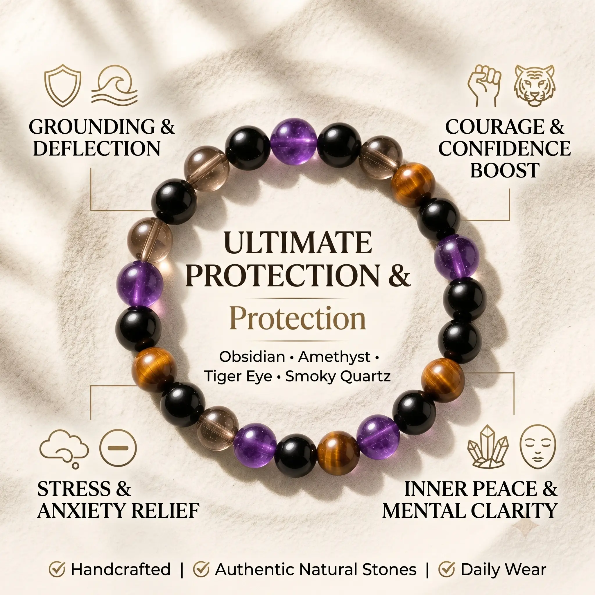 1 Pcs Crystal Beaded Bracelet, Obsidian Amethyst Tiger Eye Smoky Quartz Style Jewelry