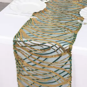 Mesh Table Runner 12"x108" Hunter Emerald Green/Gold - Wave Embroidered Sequin Table Decor
