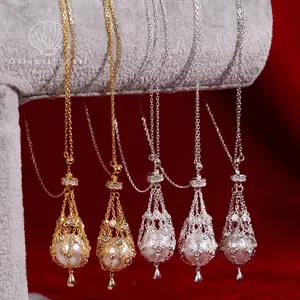 OP003-S925 'Money Bag' Mesh Pendant Cage Necklace Chain Pouch of Wealth Net Bag for Loose Pearls  Hammock Setting Pearl Pouch Adjustable 18"-24" Chain for Pearls Over 12mm