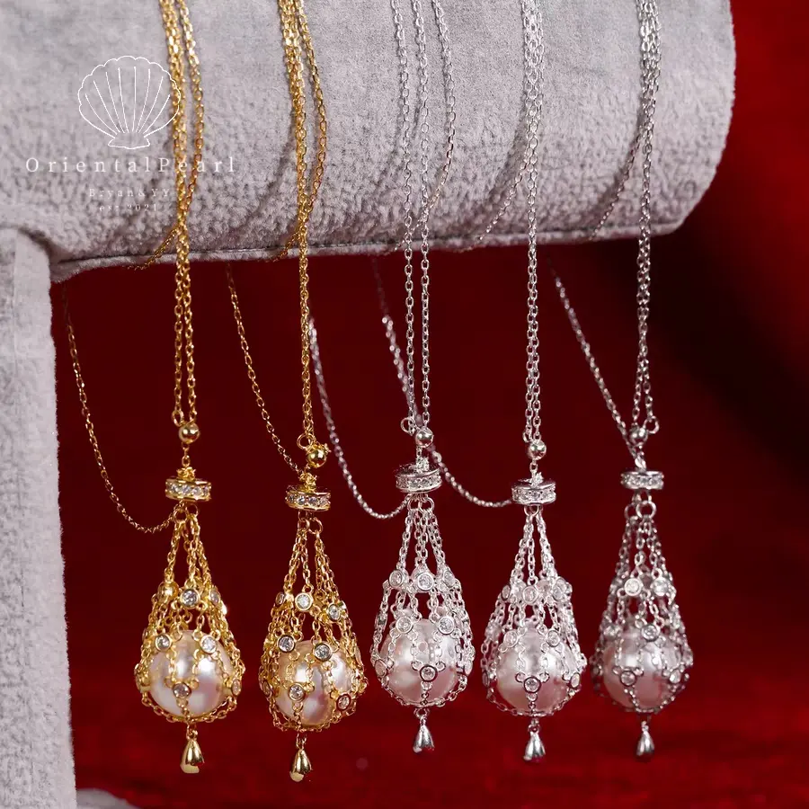 OP003-S925 'Money Bag' Mesh Pendant Cage Necklace Chain Pouch of Wealth Net Bag for Loose Pearls  Hammock Setting Pearl Pouch Adjustable 18"-24" Chain for Pearls Over 12mm