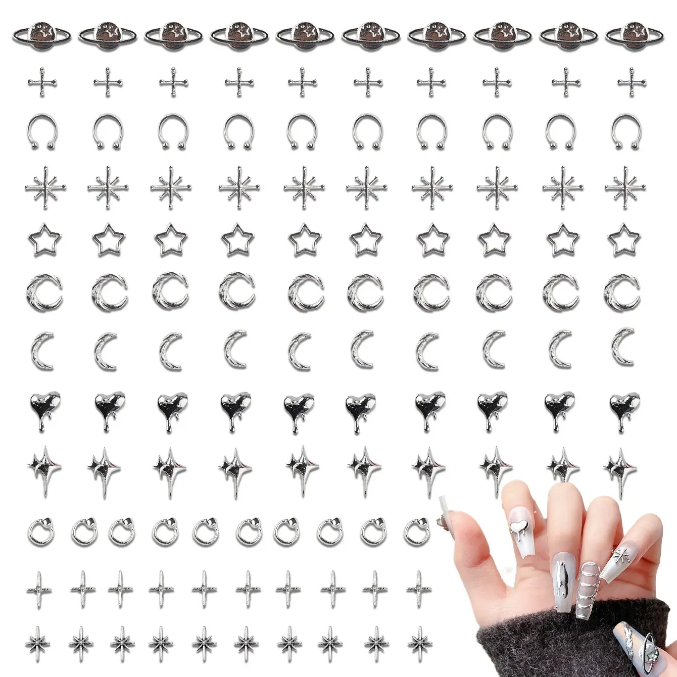 120Pcs Halloween Alloy Nail Charms: 3D Chrome Silver Cross Heart Rivets for Acrylic DIY Nails, Punk Gothic Metal Gems & Bling Decor for Women, Nail Tech Must Haves, Salon Supplies, Nail Decoration, Y2K Manicure Kit