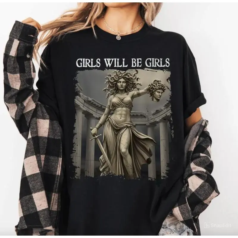 Girls Will Be Girls Shirt, Medusa with the Head of Perseus Tee, Feminist Shirt, Women's Empowerment Shirt, Casual Sweatshirt Hoodie Gift for Women"3XL 4XL 5XL" Large size