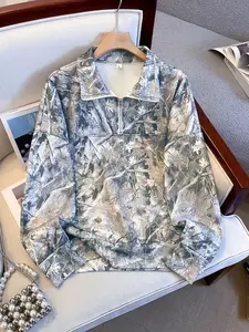 Women's Street Vintage Camo Full Print Loose Zipper Collared Aesthetic Style Sweatshirt Tops, Casual Fall & Winter Clothing, School Reunion, Teacher