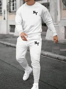 Men's Casual Letter Print Hoodie Set, Round Neck Long Sleeve Top + Drawstring Waist Pants, 2 Piece for Daily Wear