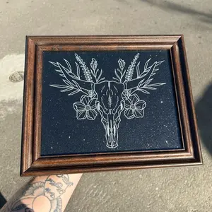 Floral Cow Skull Art | Western Floral Etched Frame | Rustic Gothic Wall Decor | Boho Witchy Skull Print | Dark Academia Gift