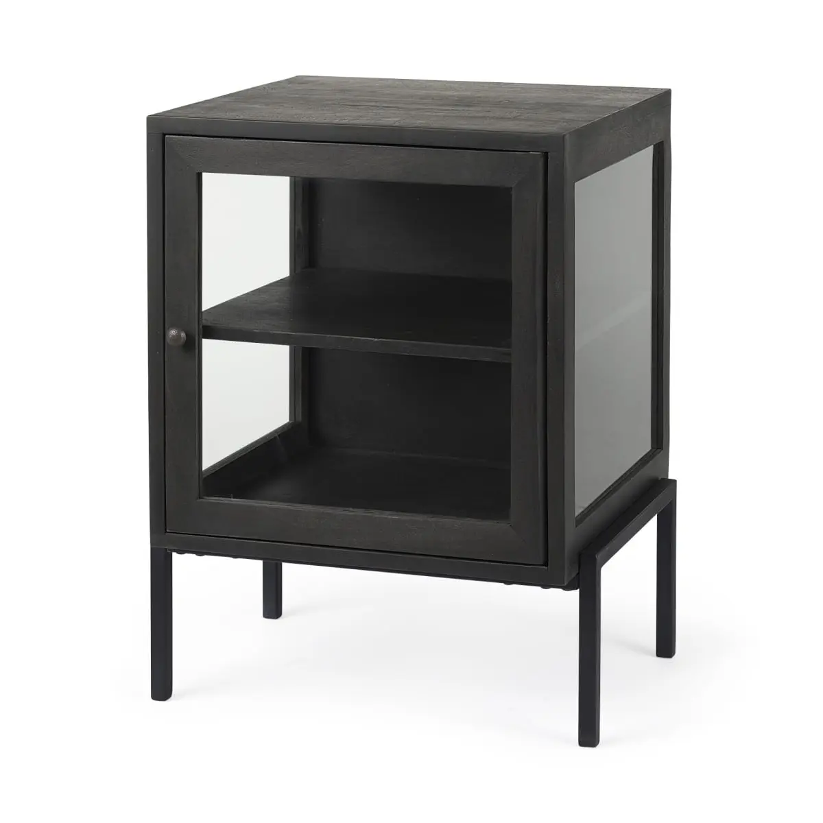360 stand Rustic Black Solid Wood Square Shadowbox Cabinet Table - Handcrafted with Glass Doors, Natural Grain, Single Shelf, Metal Base, Rustic Look, Square Form for Indoor Cupboard Storage, Wood Cabinets, 24 Inch Cabinets