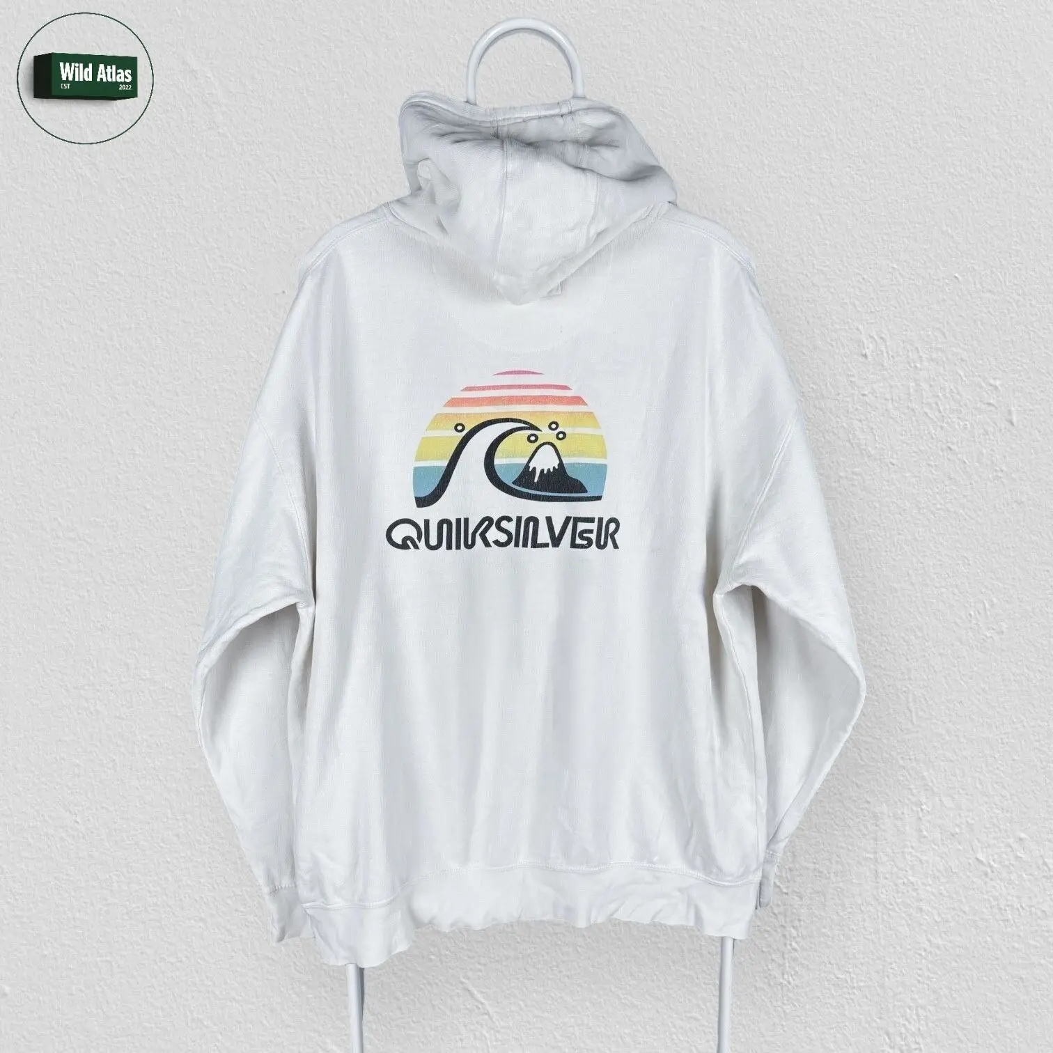 (2 side) Vintage Quiksilver White Hoodie Pullover Surfwear Mens Casual Long Sleeve Graphic Hoodie, by Wild Atlas Apparel USA-Made & Printed Apparel	