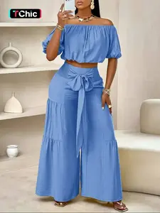 Women's Solid Off Shoulder Cropped Top & Wide Leg Pants Set, Casual Chic Breathable Lightweight Fashion Cozy Baggy Top & Trousers for Daily Outdoor Beach Wear, Ladies Clothes for Summer, Womenswear, Two Piece Outfits for Women