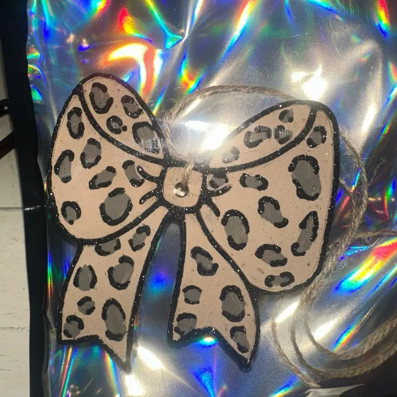 Cheetah Print Car Freshie Hand Painted Bow Design Hand Painted Decor Item