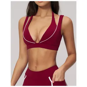 Supportive Ruched Athletic Yoga Bra, Double Strap Contrast Trim High Impact Fitness Active Top