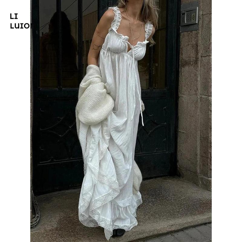 Women's Loose Sleeveless White Long Skirt For Lady Seaside Vacation
