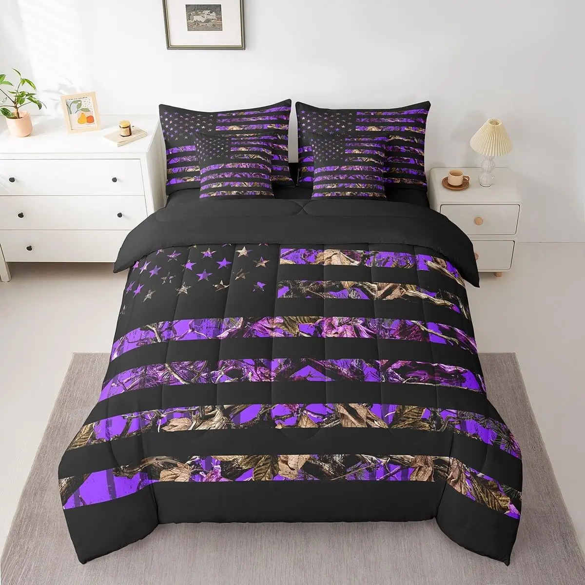 American Flag 7 Pieces Bedding Set,Purple Camouflage All Season,Bed in a Bag with Comforter,Sheets,Pillowcases Branch Hunting Bed Set Breathable Camouflage Hunter Room Decor