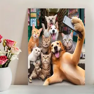 1 Piece Wooden Frame Canvas Art Print - Cat and Dog Selfie, Suitable for Living Room, Bedroom, Office, Cafe or Bar, Playful Animal Wall Decoration, Modern Home Decor, Perfect Gift Idea, 30.48x 40.64cm