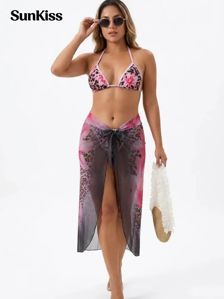 Sunkiss Women's 3-Piece Printed Bikini Set, Sculpting Halter Push Up Top and High-Cut Bottoms with Breathable Polyester Cover Up, Cold Wash, Halter Neck, Cruise Trips, Hand Wash Only, Quick Dry, Stretchable, Synthetics, Outfit Variant
