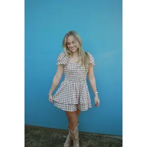 GINGHAM PRINT PUFF SLEEVE ROMPER