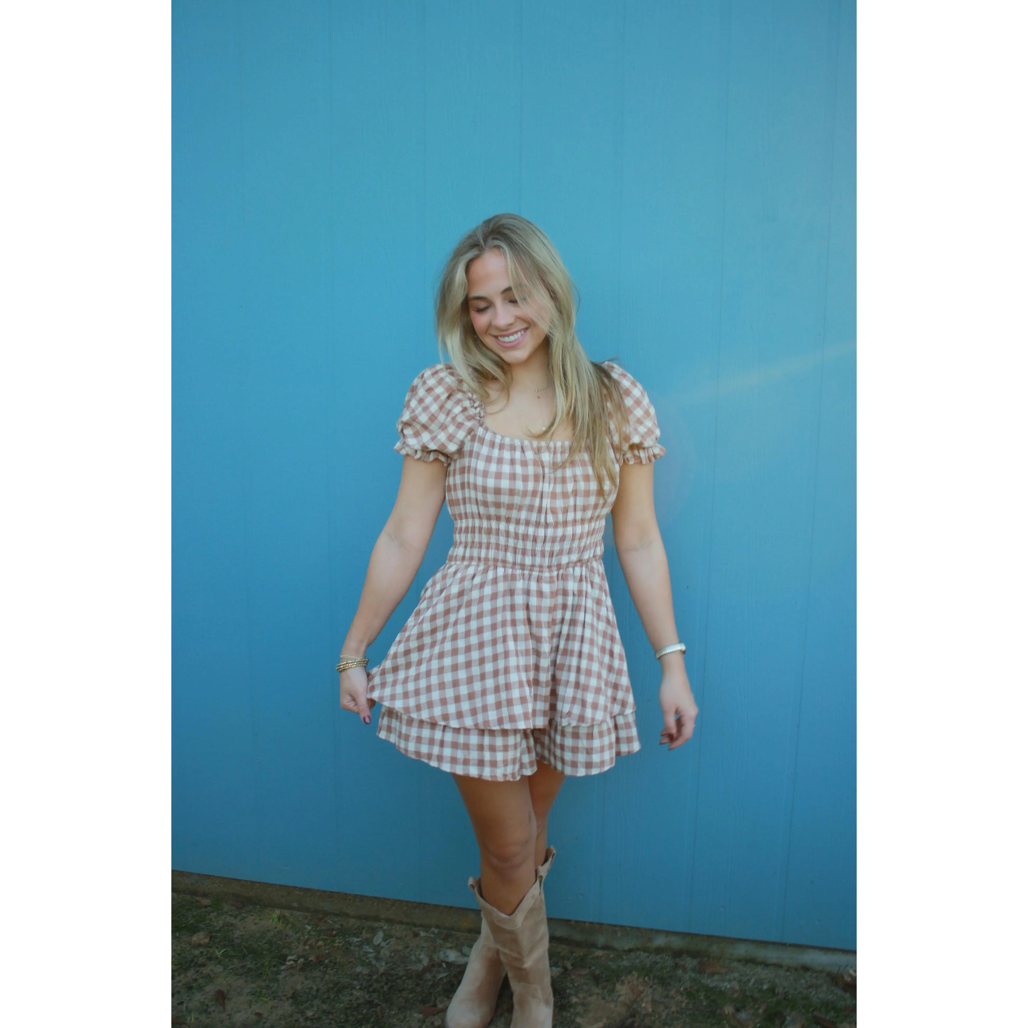 GINGHAM PRINT PUFF SLEEVE ROMPER
