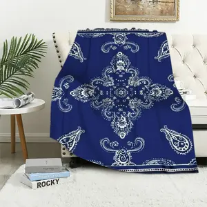 Navy Blue Bandana Paisley Print Flannel Blanket Throw Lightweight Soft Warm Bed Blanket for Couch Sofa Chair Living Bedroom All Seasons Use WhiteFather's Day Thanksgiving Halloween Valentine's Day Holiday Gifts
