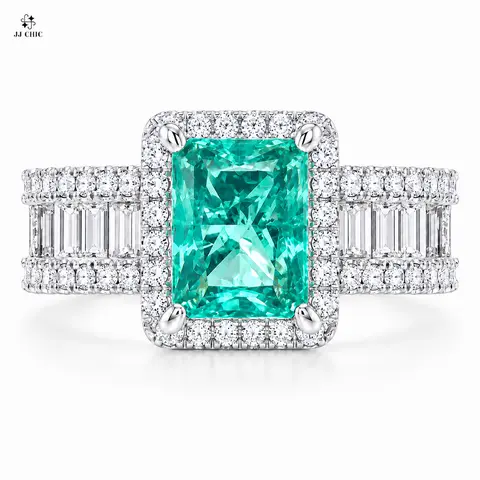 JJ CHIC Women’s Green Rectangular Cut Halo Ring, Baguette & Round CZ Multi-Row Band, Silver-Tone Statement Jewelry, Gift for Her