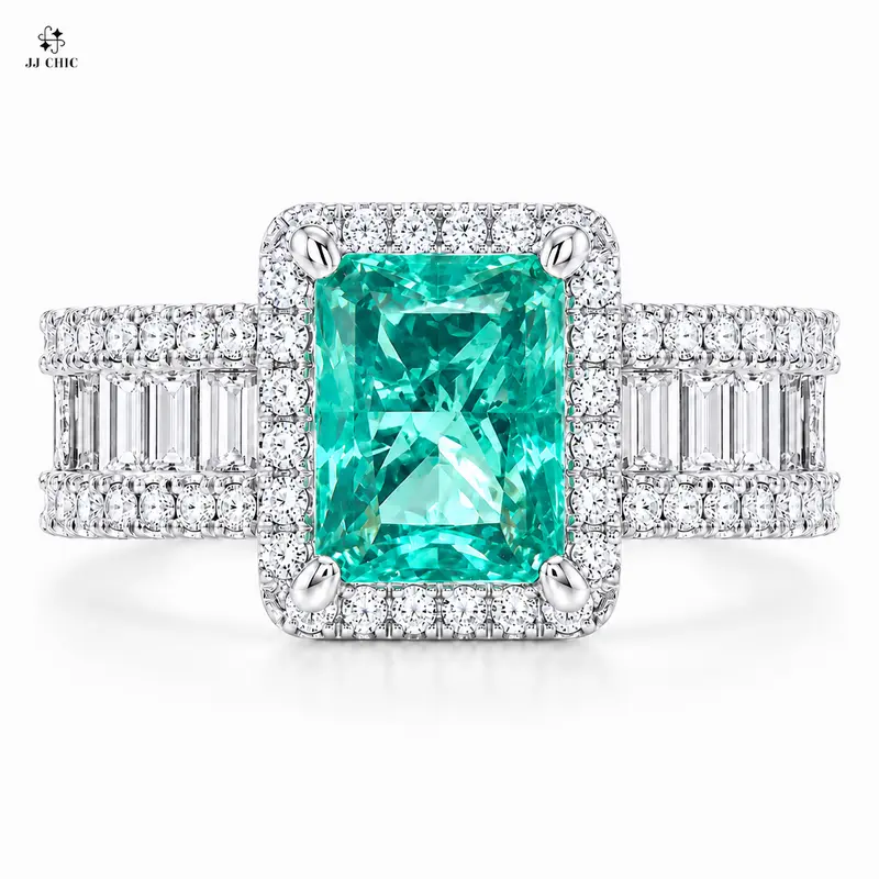 JJ CHIC Women’s Green Rectangular Cut Halo Ring, Baguette & Round CZ Multi-Row Band, Silver-Tone Statement Jewelry, Gift for Her