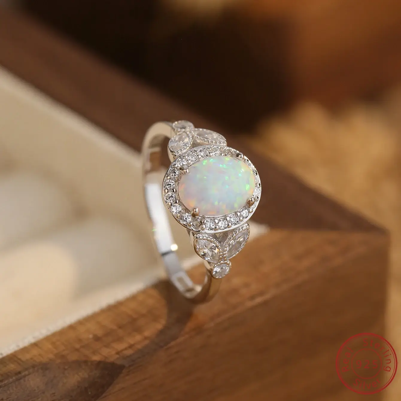 "925 Sterling Silver Women's Ring with White Opal & Zircon | Elegant Jewelry for Engagement & Special Occasions