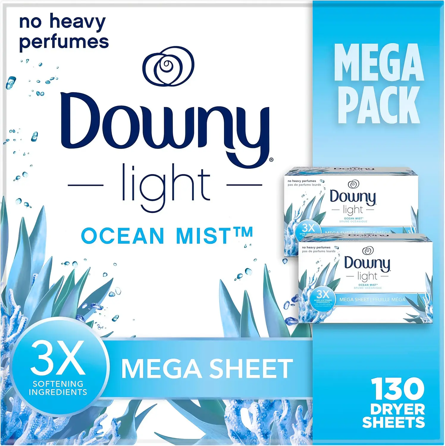 Downy Light Mega Dryer Sheets, Ocean Mist, 130 Count, Anti-Static Fabric Softener Sheets, Wrinkle Reduction & Laundry Freshener
