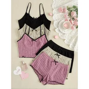 6 Counts Women's Contrast Binding Crop Cami Top & Bow Decor Shorts Pyjama Set, Lettuce Trim Camisole & Shorts PJ Set, Comfy Loungewear Set for Women