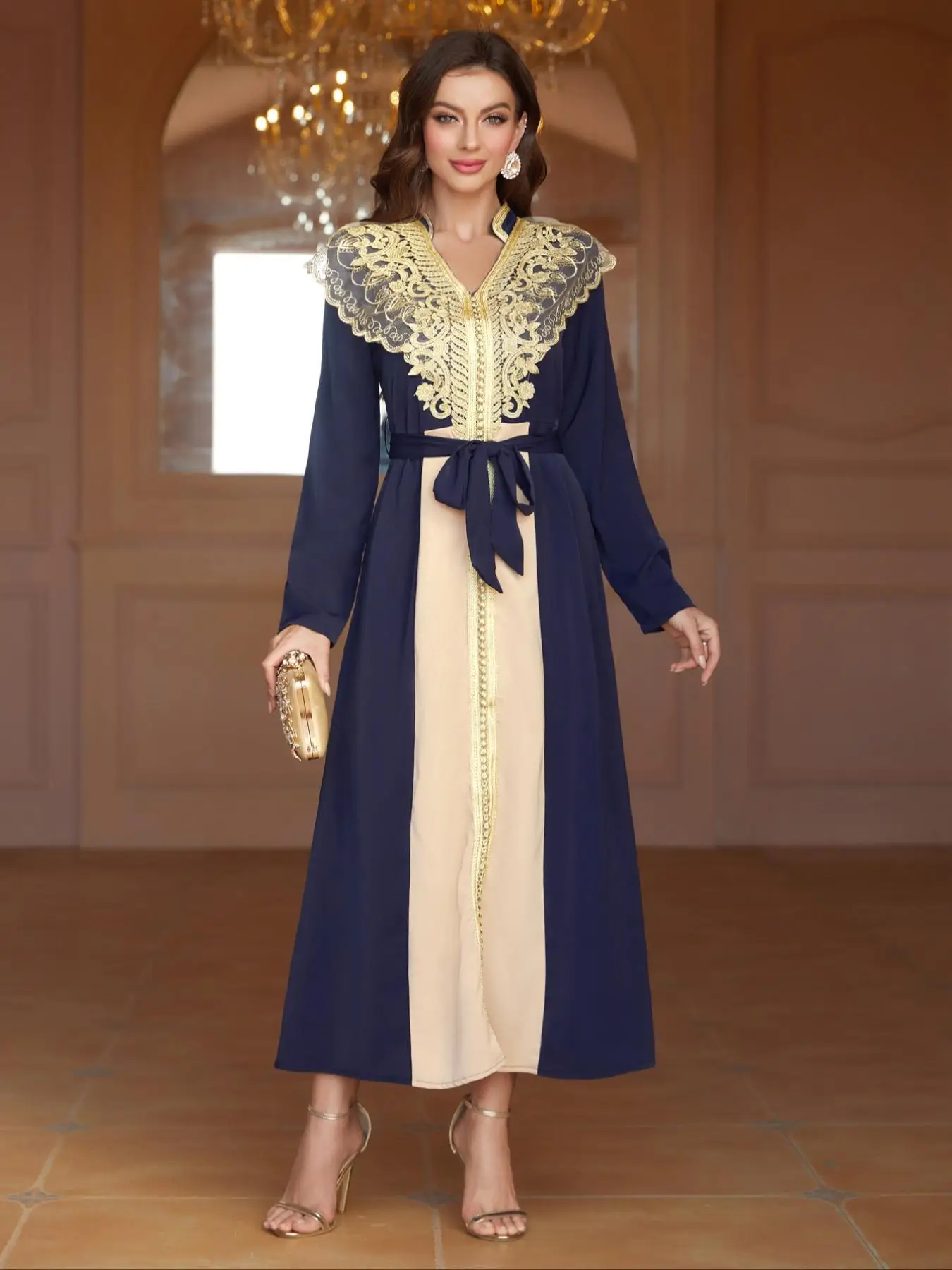 Arabic Clothing-Colorblock Contrast Lace Belted V Neck A Line Dress, Mid-East Long Sleeve Arabian Dress for Spring & Fall, Women's Islamic Clothing