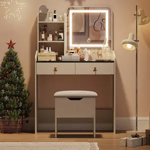 【GARVEE】Vanity Desk with LED Light Mirror and Charging Station, Small Makeup Vanity Set with 2 Drawers, Storage Stool Included, White and Grey Vanity Table for Bedroom