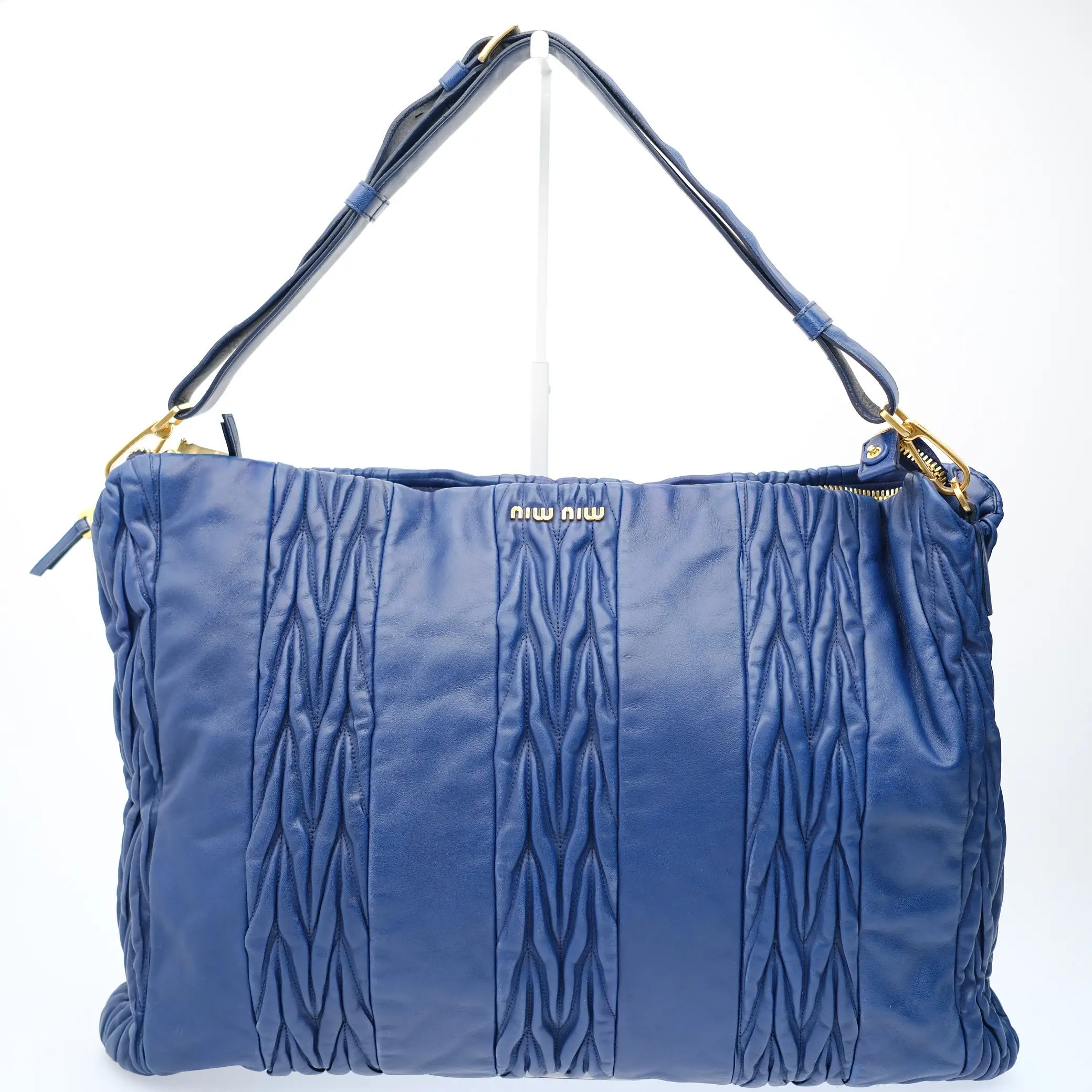 Pre-owned miu miu Authentic Matelassé Large Blue Nappa Leather Shoulder Bag, Pre Loved Luggage & Bag Option