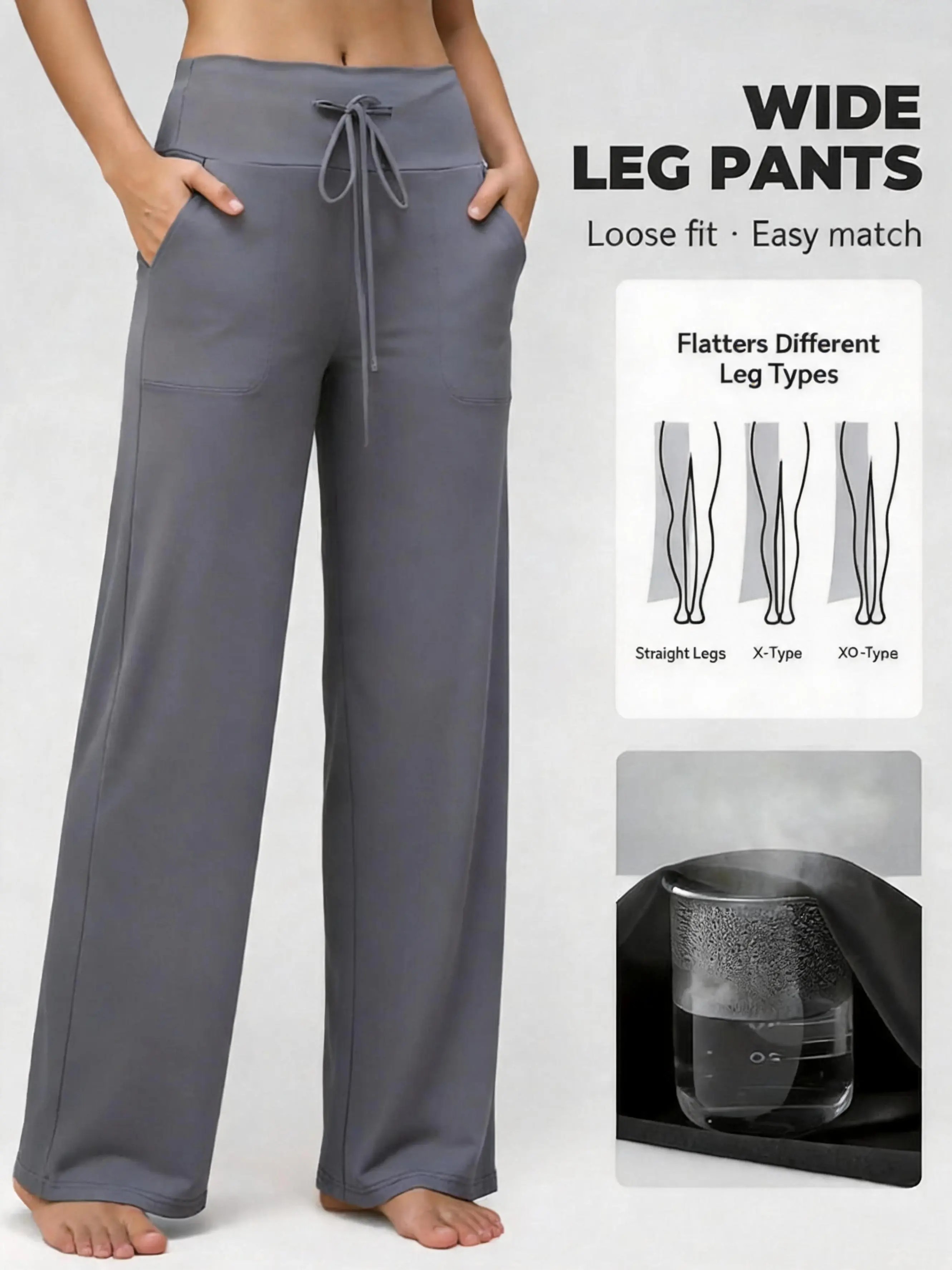 NunuFlex Women's High Rise Wide Leg Pajama Pants - Comfy Basics, Soft Stretchy Breathable Elastane Fabric, Elastic Drawstring Waistband, Side Pockets, Non-See-Through, Machine Washable for Loungewear & Sleepwear