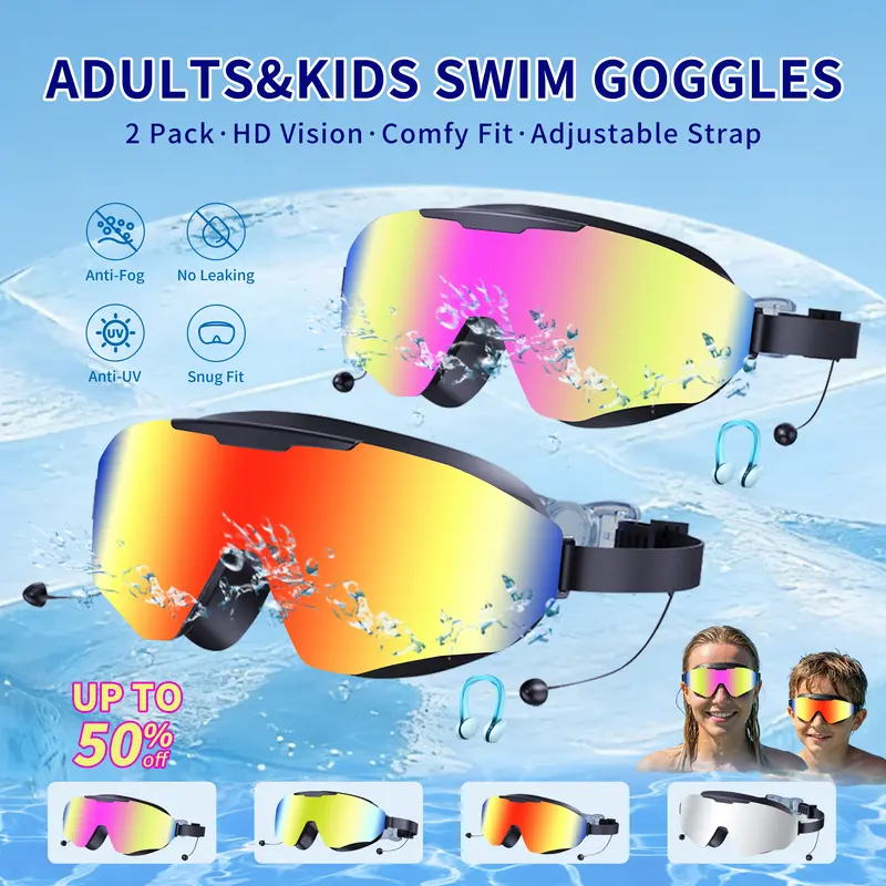 Unisex 2-Pack Swim Goggles Set - Beginner-Friendly, Waterproof, Anti-Fog, UV Protection, No Leak, Ergonomic Wide Frame 180° Wide View, Adjustable Secure Strap, Large Eye Flexible Gasket, Earplugs for Youth (4-12) & Adults