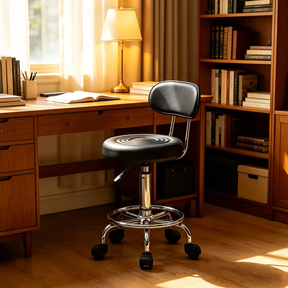 Black Adjustable Office Stool with Backrest, 360-Degree Swivel Base, 18.5-24.21 Inches Seat Height, Sponge-Padded PU Leather Seat, Heavy-Duty, Armless for Home Office Desk Workstation, Round