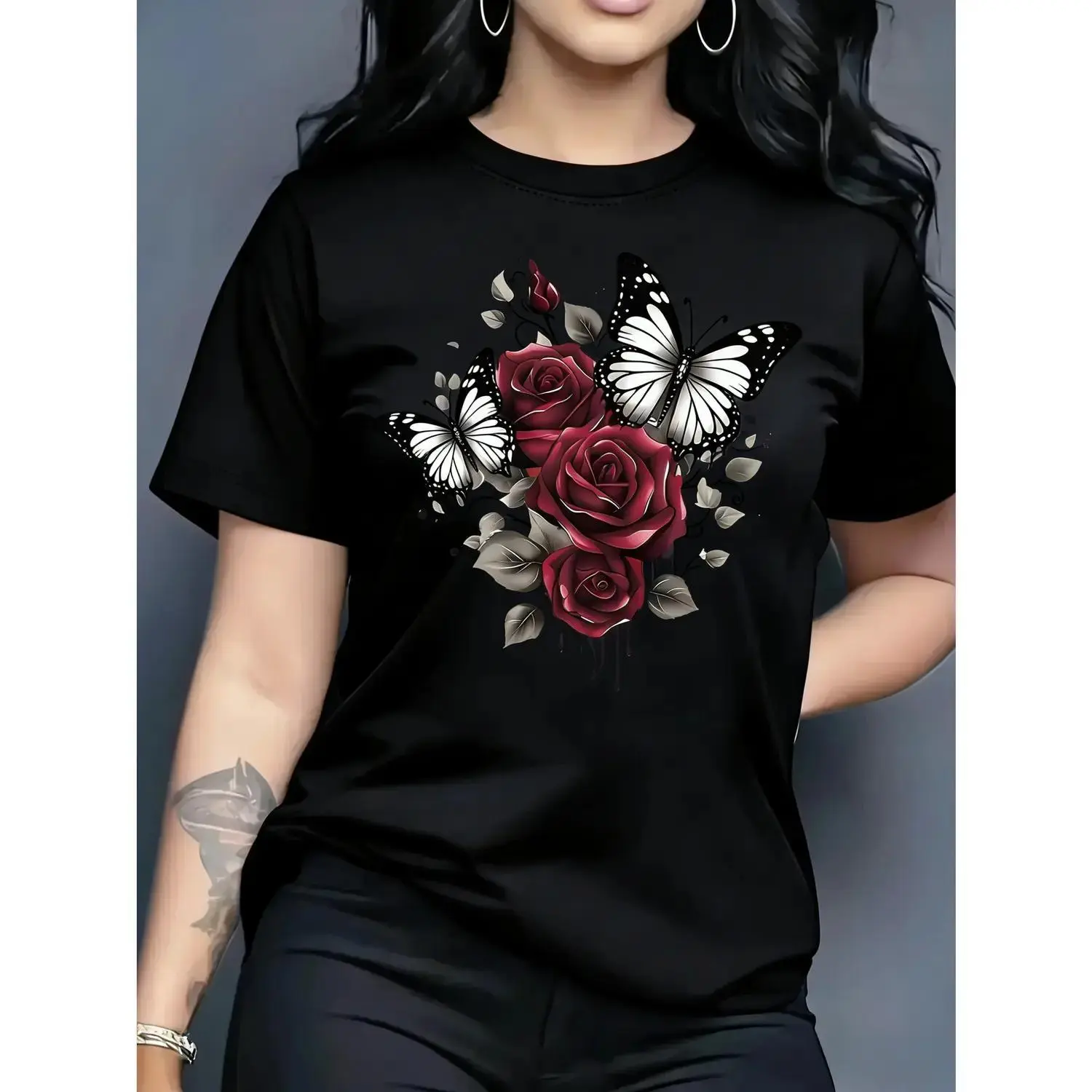 Women's Casual T-Shirt with Vibrant Red Butterfly & Rose Print, Short Sleeve Round Neck Breathable Summer Top, Machine Washable, Butterflies