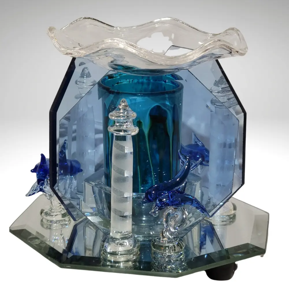 Dolphins Light House Glass Electric Oil Wax Warmer with Dimmer Control Decor Ornaments 3 Sided Mirror Glass