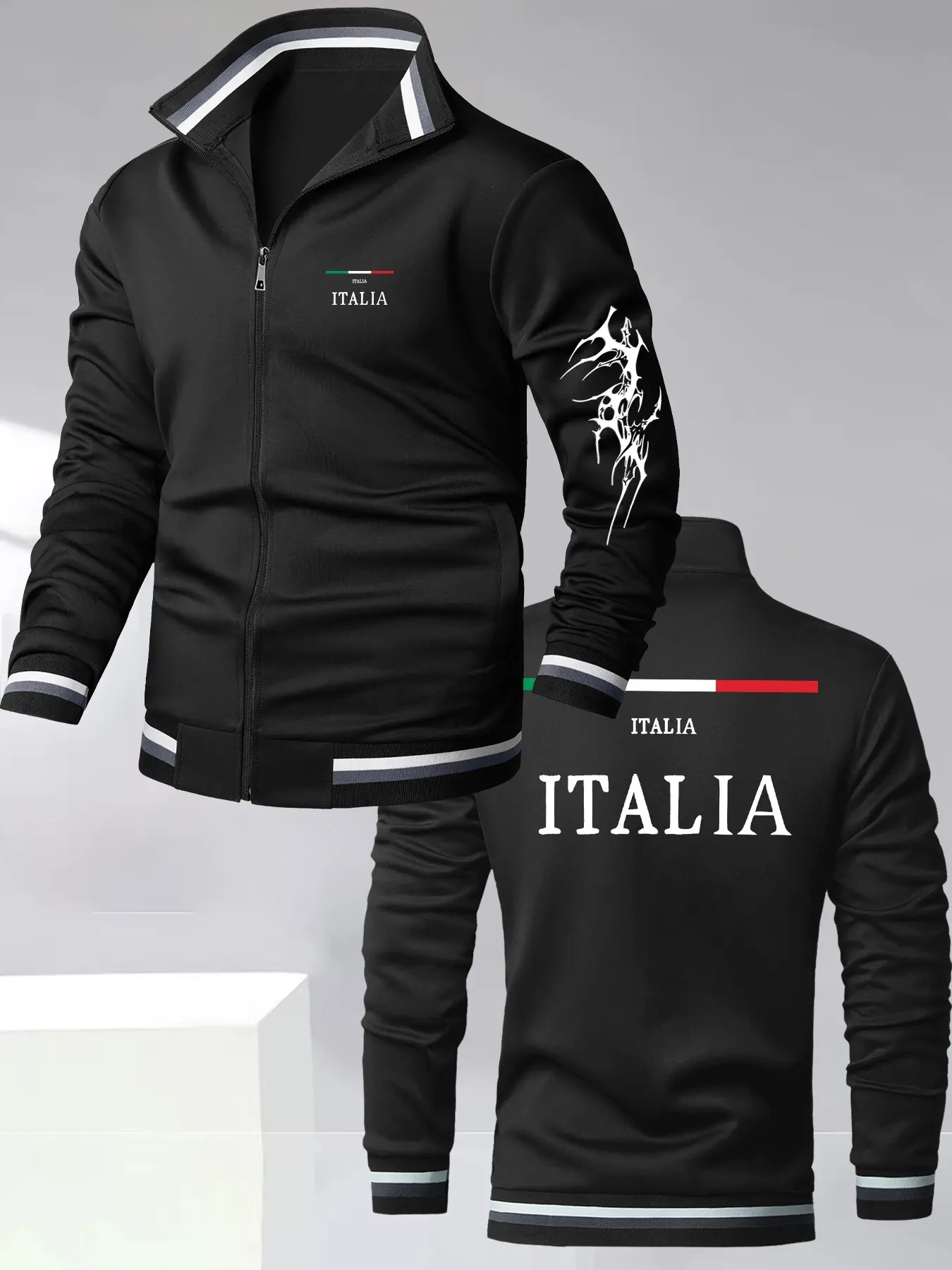 Italian Street Style Italia Print Sport Jacket, Men's Trendy Casual Outerwear, Long Sleeve Fitted Design, All Seasons Geometric Pattern