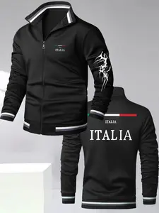 Italian Street Style Italia Print Sport Jacket, Men's Trendy Casual Outerwear, Long Sleeve Fitted Design, All Seasons Geometric Pattern