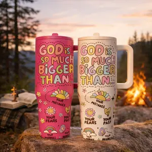 1pc 40oz Inspirational Tumbler, Flasks With Handle And Lid, "God Is So Much Bigger Than" Faith Quote Stainless Steel Insulated Travel Mug, Double Wall Vacuum Cup Keeps Drinks Cold 12H Hot 6H, Coffee Cup Gift For Women Moms Friends