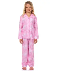 Barbie Pajama Girls' Barbie Logo Button Front Long Sleeve Shirt and Pant 2 Piece Set  Sleepwear