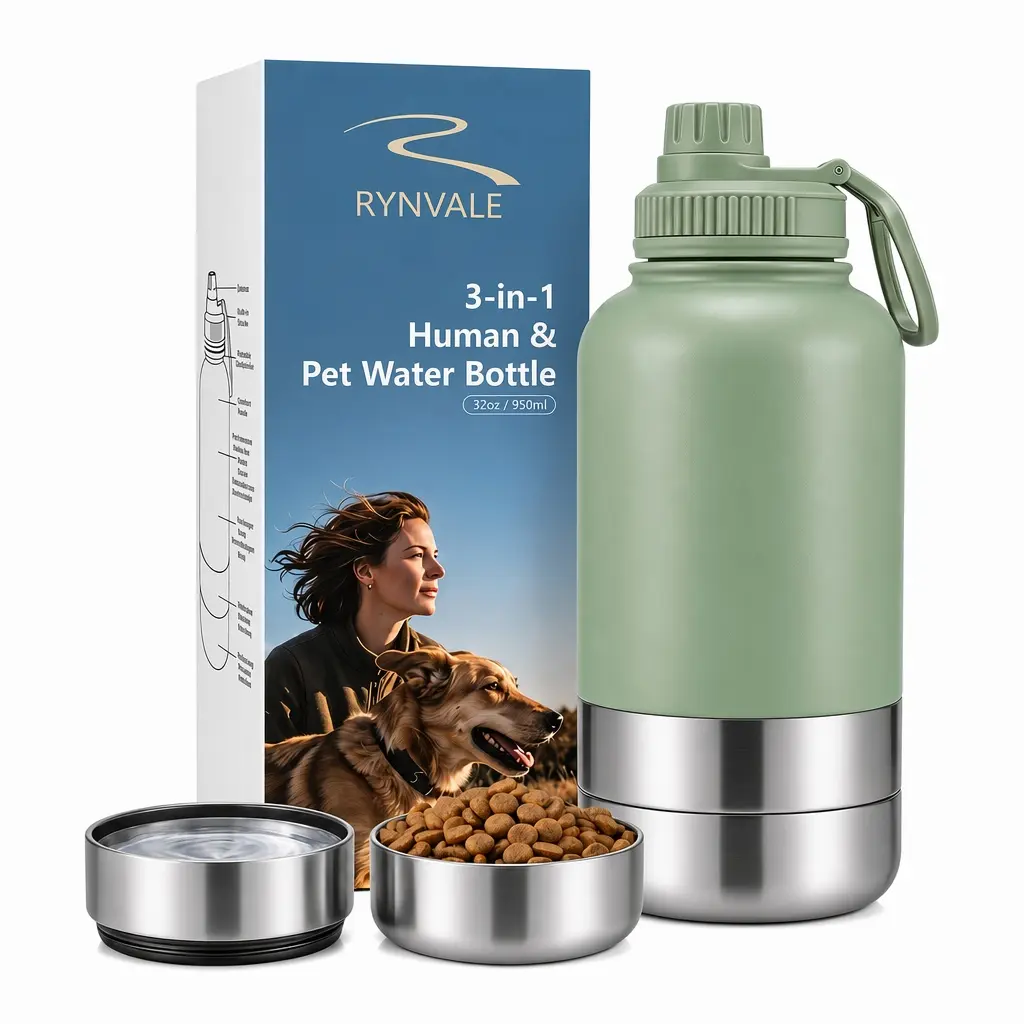 RYNVALE 32oz 3-in-1 Insulated Stainless Steel Dog Water Bottle, Portable Pet Water Bottle with Bowl, Leakproof Dispensing Travel Container for Walking, Hiking