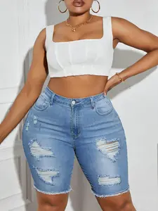 Summer New Plus Size Womenswear High Waist Elastic Ripped Hem Denim Jeans Shorts, American Style, Ripped Design, Conceals Fat, Highlights Legs, Pear Shape, Summer